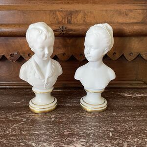 Limoge France Parisian Bisque Sculpture Girl & Boy Statue Bust Mid Century 7.5"
